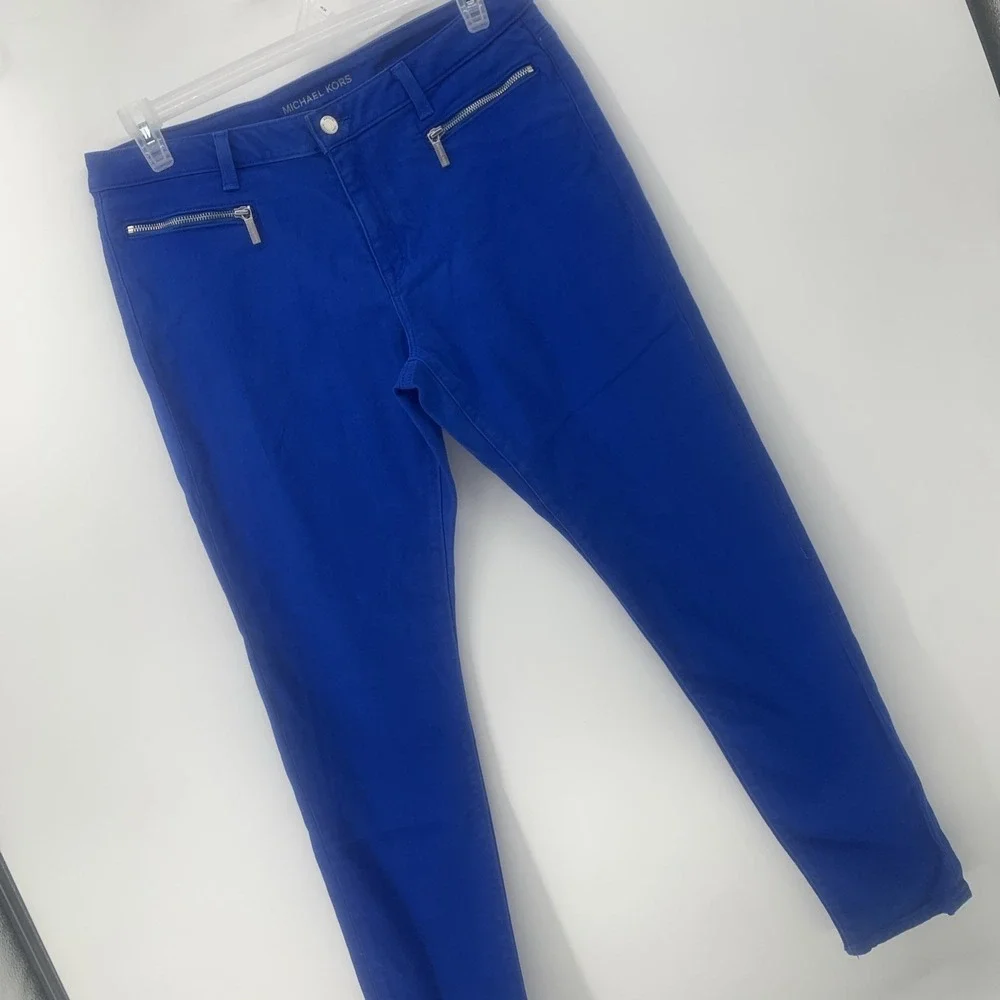 Michael Kors Women's Blue Chino Pants  Silver Zipper Pocket Skinny  Size 12